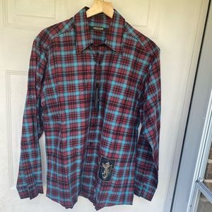 ROBERTO CAVALLI Men’s Tartan Print Logo Long Sleeve  Shirt Size 50 (US Size 40)